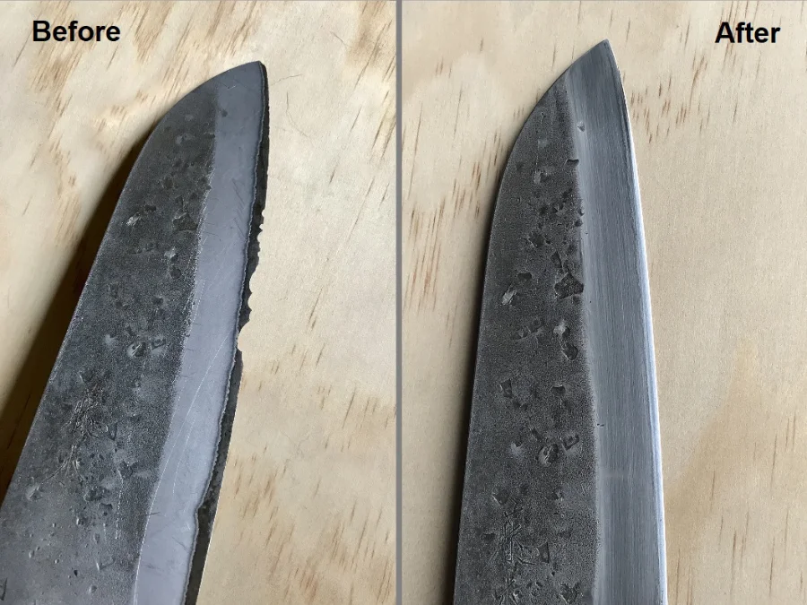 Fujimoto Santoku Before and After blade repair Before and after chip and tip repair on a Japanese knife done by Halifax Sharpening